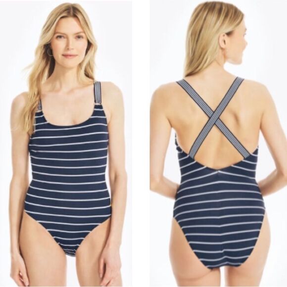Nautica Womens Size XL Striped Cross- Back One-Piece Swimsuit - Picture 1 of 4